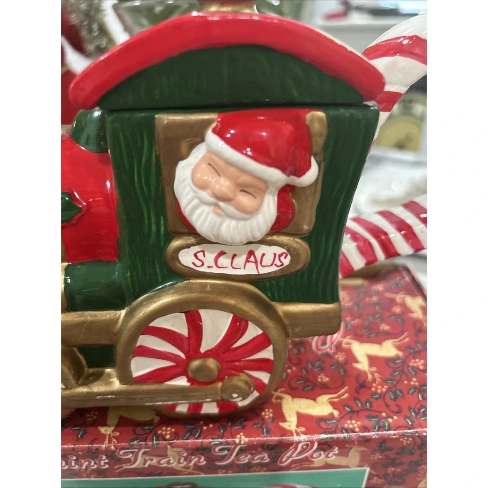 Vintage‎ Peppermint Santa Train Teapot In Box 1994 Hermitage Pottery WITH LID